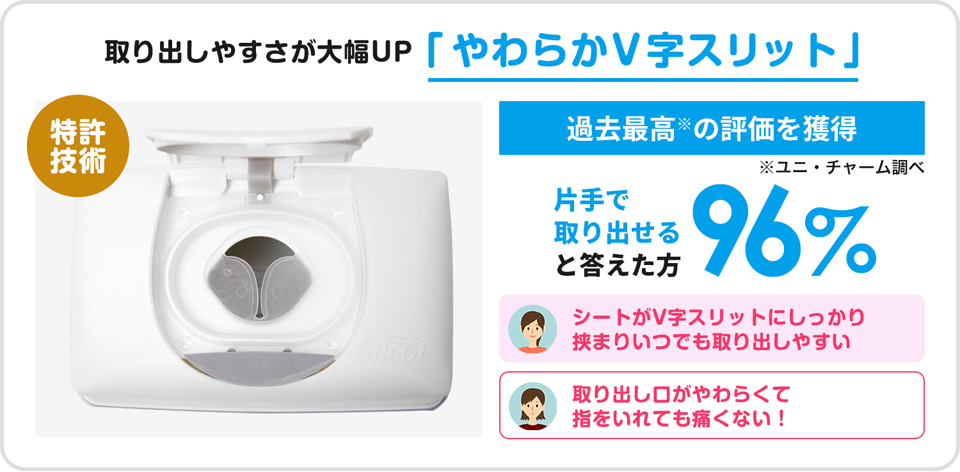 取り出しやすさが大幅UP「やわらかV字スリット」