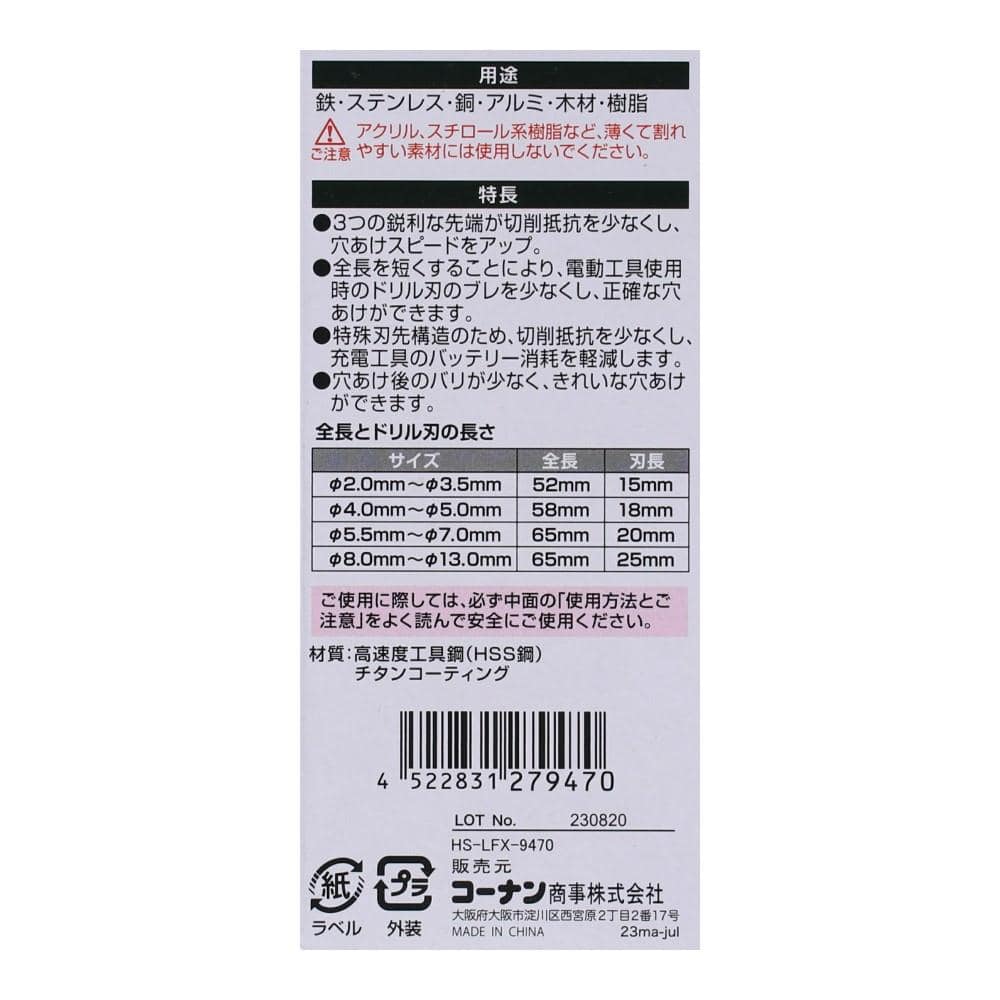 コーナンオリジナル　ショートドリル　８．５ｍｍ　鉄工用 8.5mm