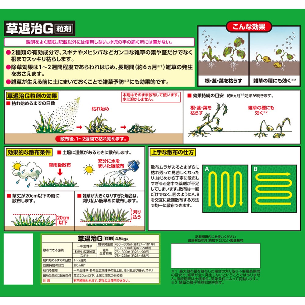 住友化学園芸 草退治Ｇ粒剤 大容量4.5ｋｇ 450～600㎡ （約137～181坪）効果持続約6ヶ月 スギナにも効く （家庭用） 4.5ｋｇ