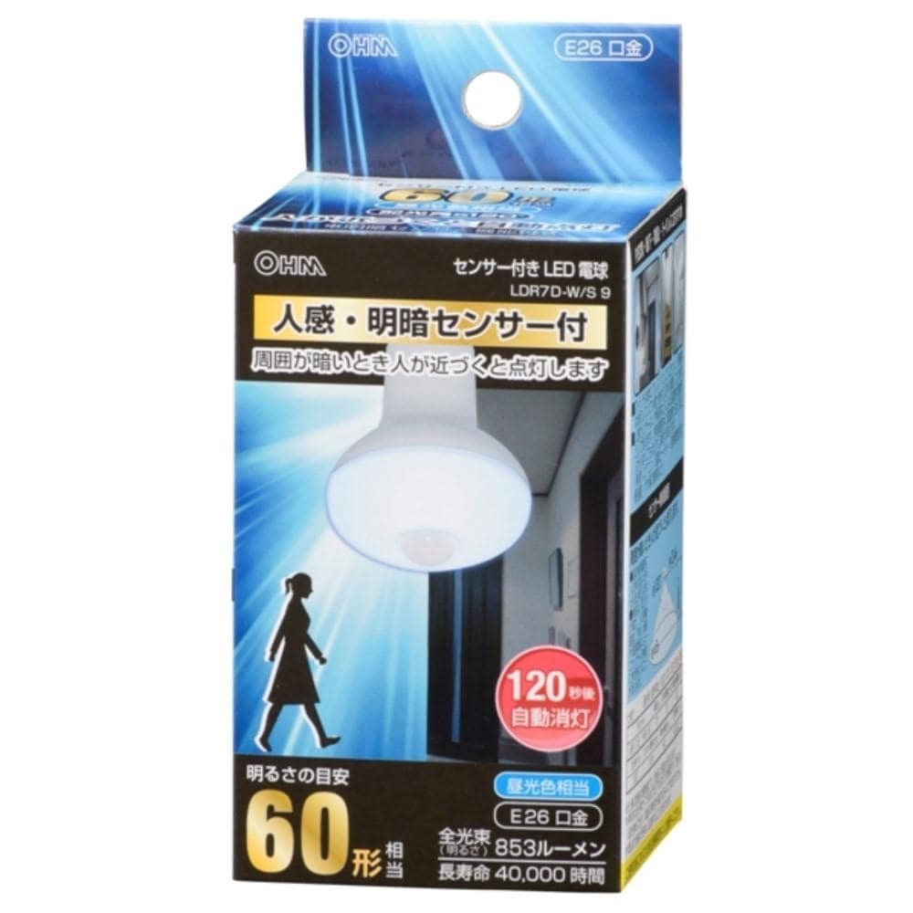 オーム電機　センサー付きＬＥＤ電球　ＬＤＲ７Ｄ－Ｗ／Ｓ　９　Ｅ２６ 昼光色