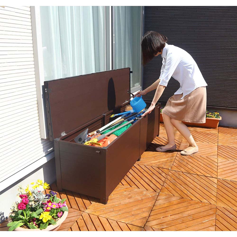 グリーンライフ ベンチストッカー 収納ベンチ(幅144×奥行46×高さ48.5cm)アルミ製でサビにくい 軽量 屋外 長尺物収納可 ブラウン ABS- 