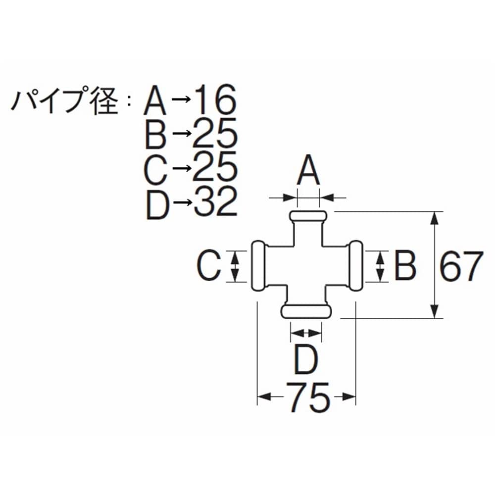 SANEI 洗浄管連結異径クロスH80-44-16X25X25X32 16Ｘ25Ｘ25Ｘ32mm