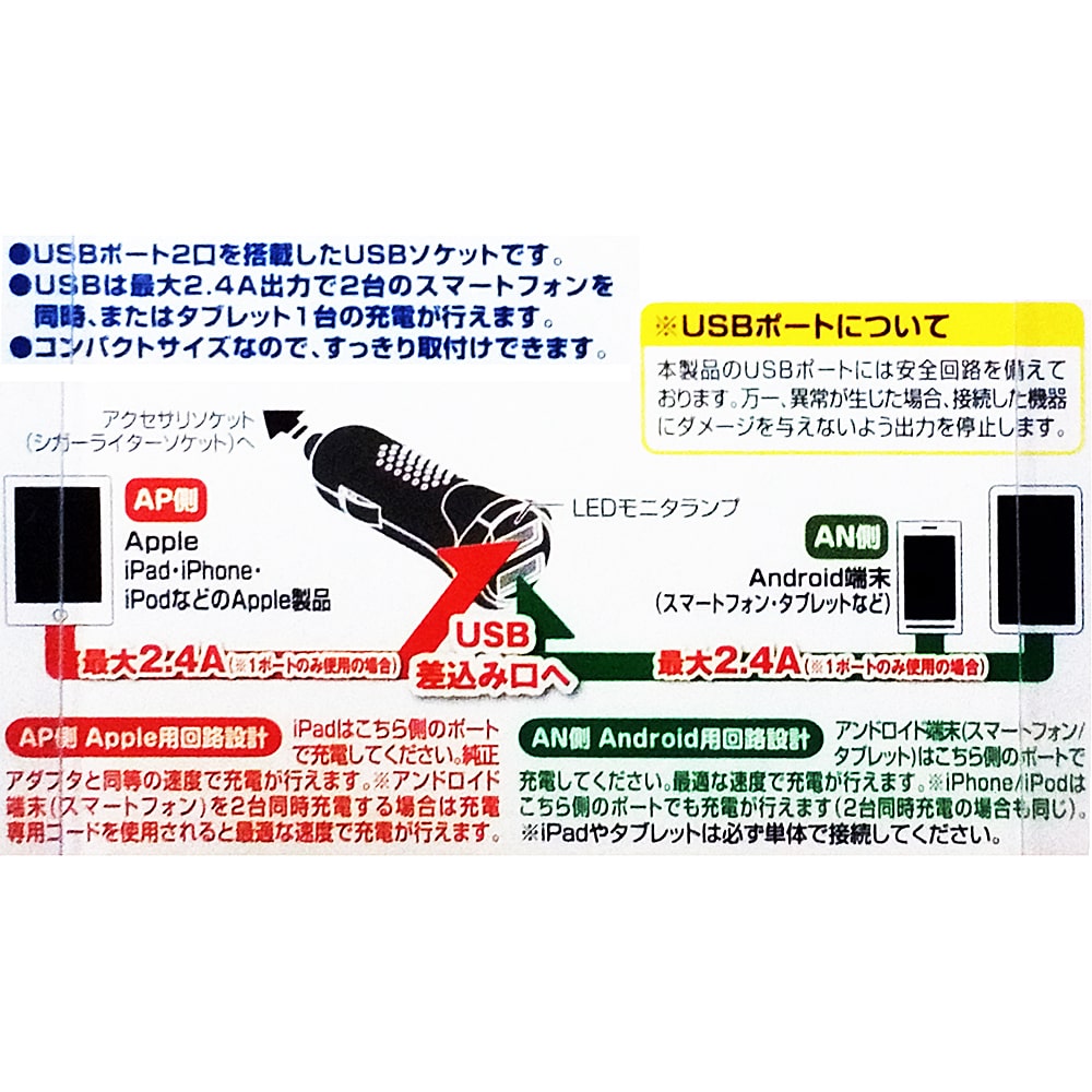 2.4A USBソケット DC12V専用 KN-1708 2.4A 2USB