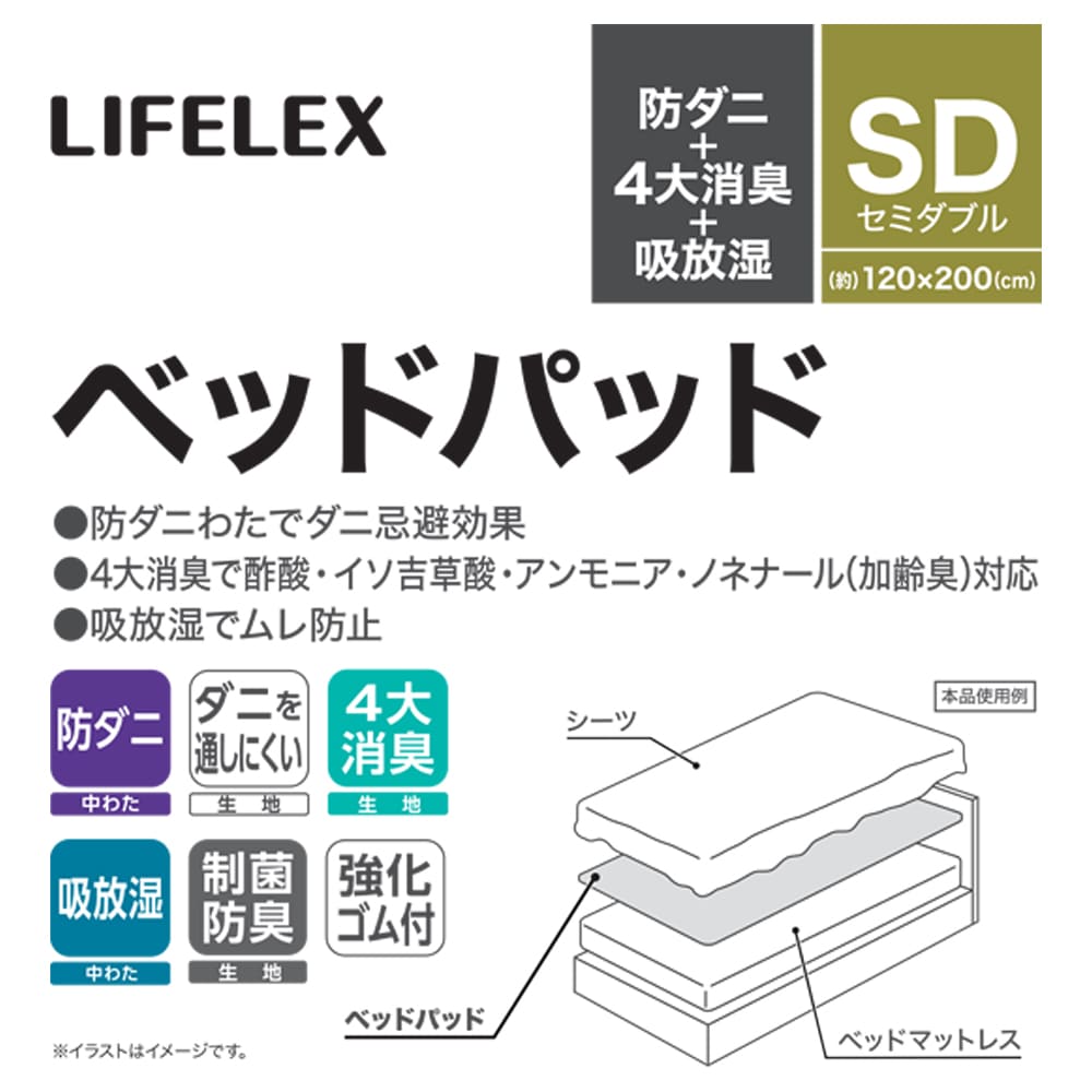 LIFELEX　防ダニ＋4大消臭＋吸放湿ベッドパッド　SＤ　120×200 セミダブル