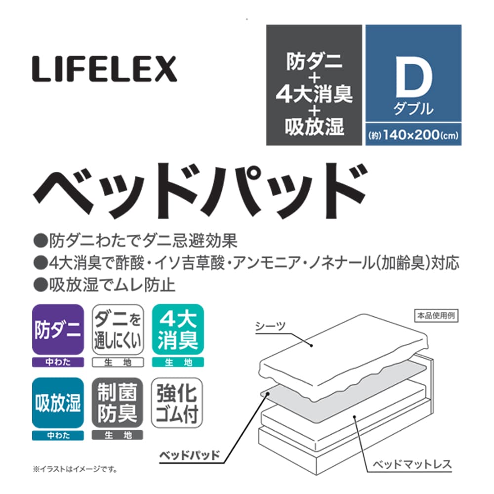 LIFELEX　防ダニ＋4大消臭＋吸放湿ベッドパッド　Ｄ　140×200 ダブル