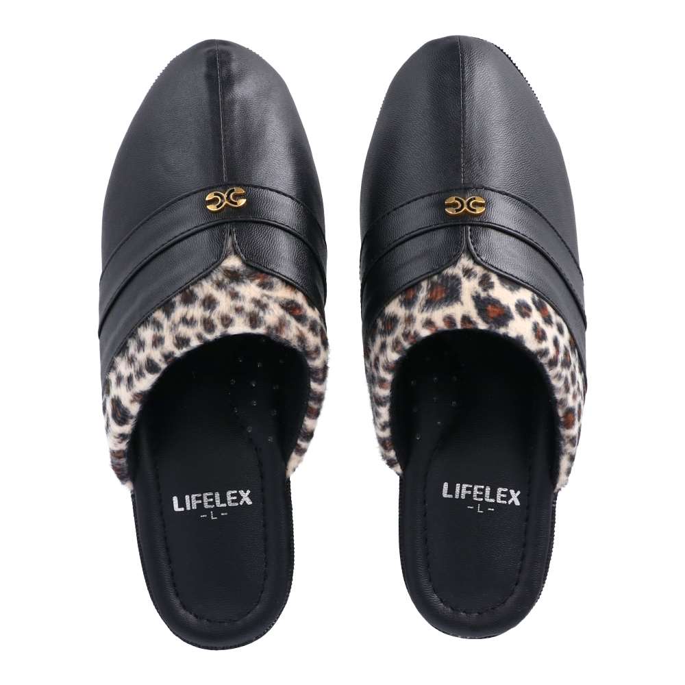 LIFELEX 婦人防寒サンダル　襟ヒョウ柄　ブラック　Ｌ　２３．５－２４．０ｃｍ Ｌ　２３．５－２４．０ｃｍ