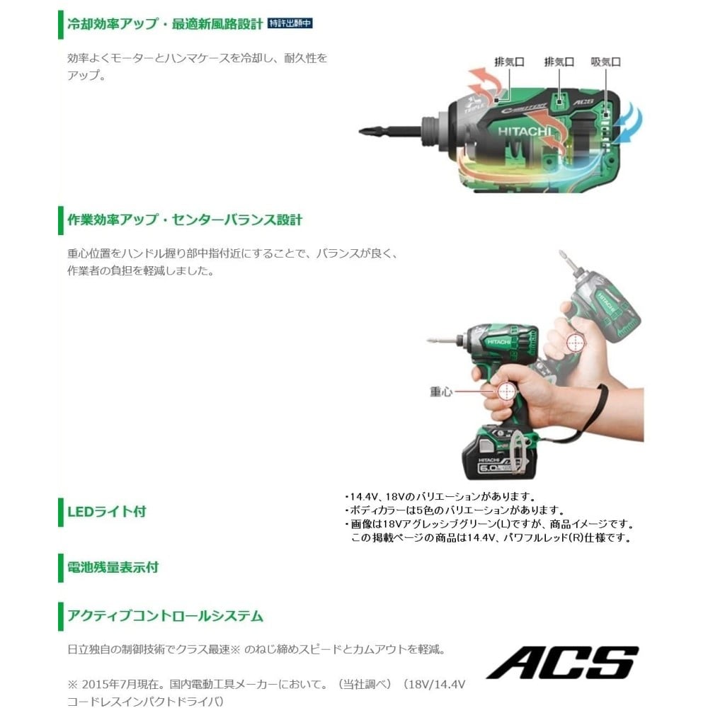 【アウトレット】HiKOKI(ハイコーキ) 旧日立工機 14.4V コードレスインパクトドライバ パワフルレッド WH14DDL2(2LYPK)(R) 畜電池、充電器、ケース付 WH14DDL22LYPKR