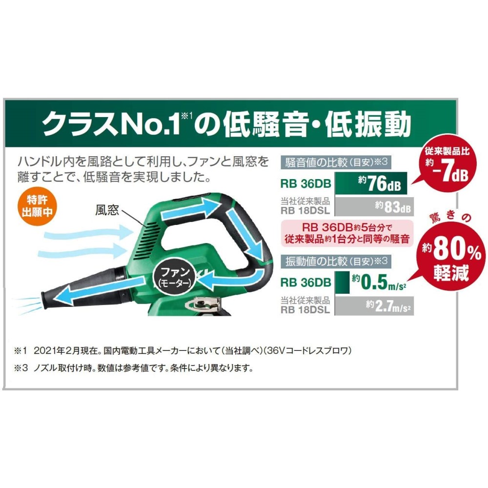 HiKOKI(ハイコーキ) 36V 充電式 ブロワ 小型 軽量 低騒音 風量3段切替 蓄電池・充電器別売り RB36DB(NN)