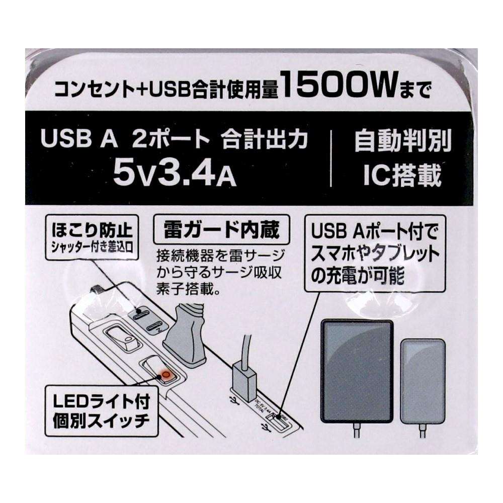 ＵＳＢ個別スイッチタップ　ＡＣ２個口＋ＵＳＢ－Ａ２個口　黒　ＫＥＰ－Ｓ３２４Ａ