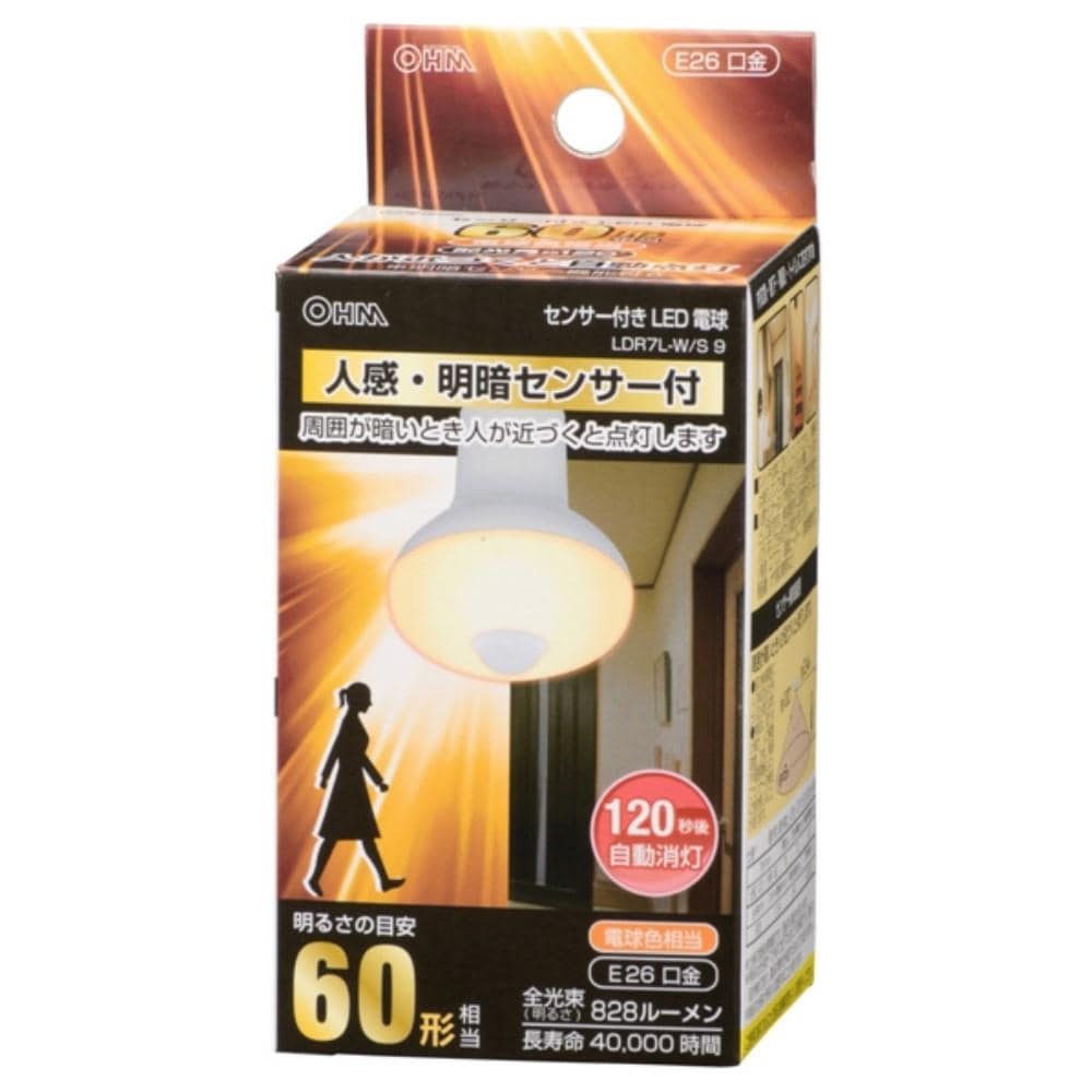 オーム電機　センサー付きＬＥＤ電球　ＬＤＲ７Ｌ－Ｗ／Ｓ　９　Ｅ２６ 電球色