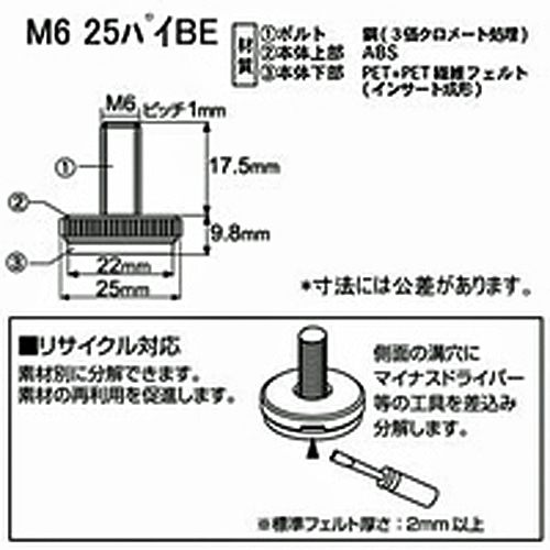 八幡ねじ フェルト付 アジャスター ベージュ ねじ太さ：Ｍ６Ｘ外径：25Ф ２個入 M6Ｘ25Ф