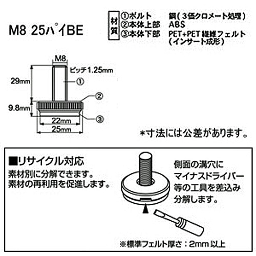 八幡ねじ フェルト付 アジャスター ベージュ ねじ太さ：Ｍ８Ｘ外径：25Ф ２個入 M8Ｘ25Ф