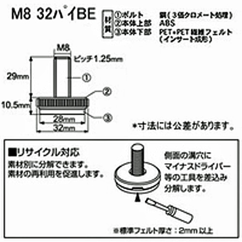 八幡ねじ フェルト付 アジャスター ベージュ ねじ太さ：Ｍ８Ｘ外径：32Ф ２個入 M8Ｘ32Ф