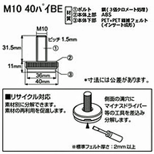 八幡ねじ フェルト付 アジャスター ベージュ ねじ太さ：Ｍ10Ｘ外径：40Ф ２個入 M10Ｘ40Ф