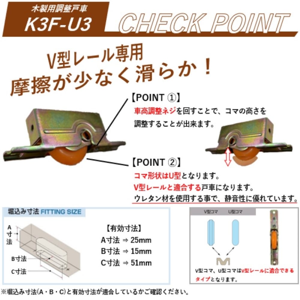 木製引戸用調整戸車 Ｋ３Ｆ－Ｕ３