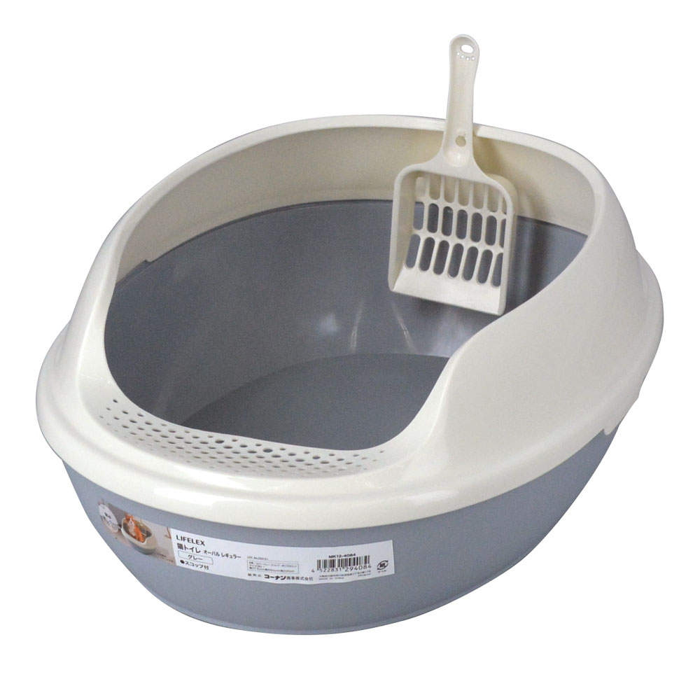 LIFELEX 猫トイレ オーバルレギュラー グレー ハーフカバー 猫砂落とし穴付き GY MK12-4084 グレー
