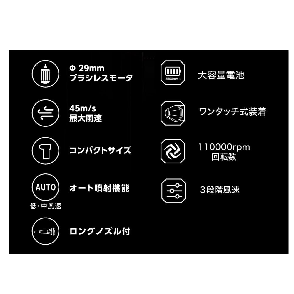 PROACT 電動エアダスター ハンディターボファン 軽量 Type-C充電式 ブラシレスモーター 風量3段階調節 ロングノズル付 小型ブロワー