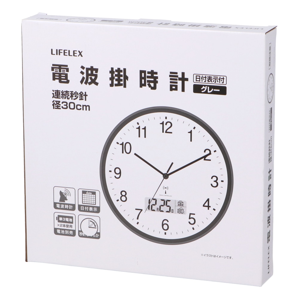 LIFELEX 電波掛時計連続秒針日付表示Φ30cm GY KO14-9816 グレー