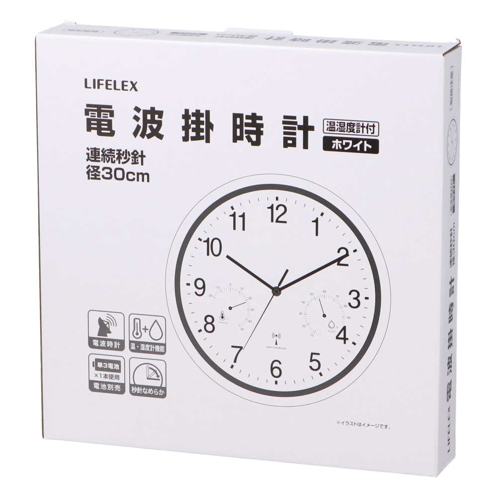 LIFELEX 電波掛時計連続秒針温湿度計付Φ30cm WH KO14-0324 ホワイト