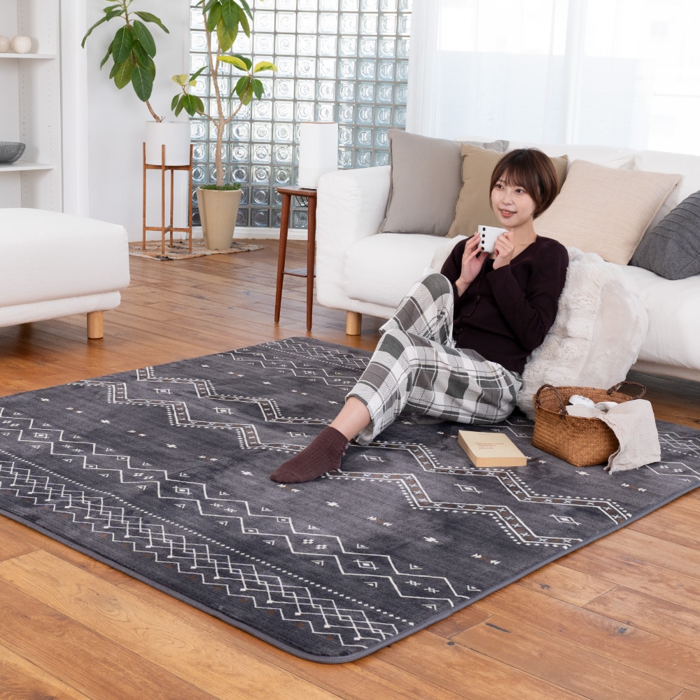 LIFELEX 吸湿発熱ふっくらラグ キリム 185×185DGY キリム 185×185