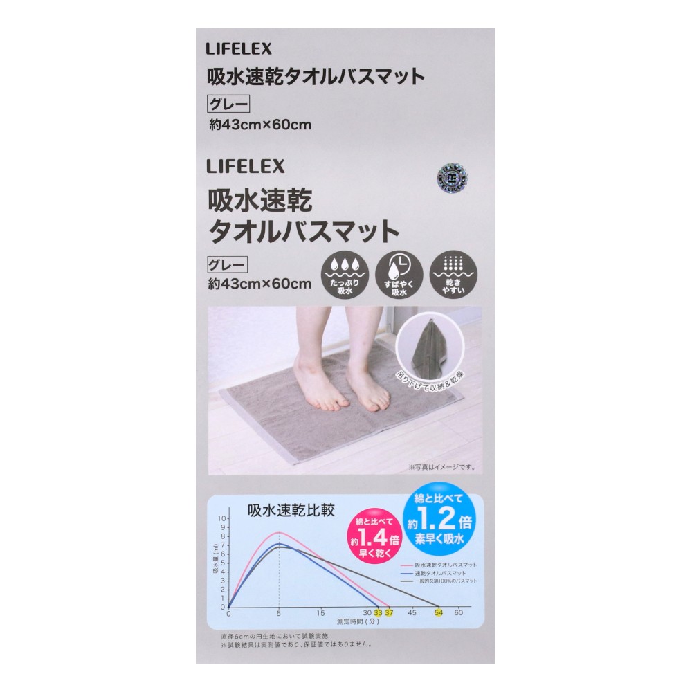 LIFELEX　吸水速乾タオルバスマット　グレー　４３×６０　ＩＺＡ２１－２７９０ グレー 43×60