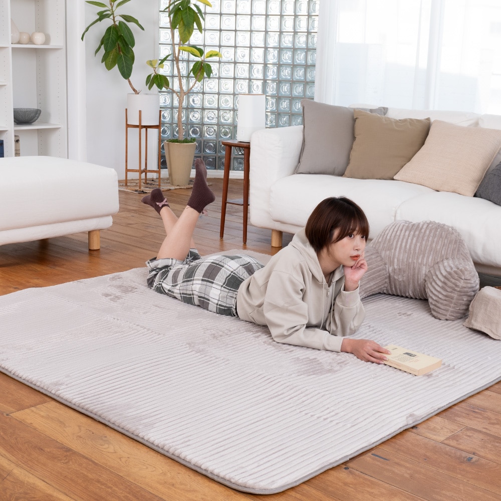 LIFELEX 吸湿発熱ボリュームラグ ストライプ 2.2帖 185×185 グレージュ 185×185