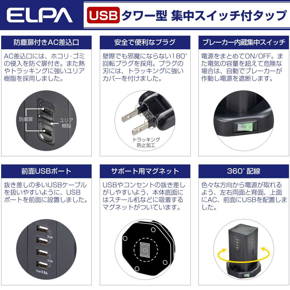 朝日電器　タワー型タップ１２Ｐ４ＵＳＢ　ＷＢＳ－ＴＷ１２０４ＵＳＢ（ＢＫ）