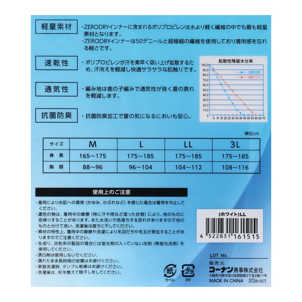 ゼロドライ　インナー クルーネック　ホワイト　３Ｌ ホワイト3L