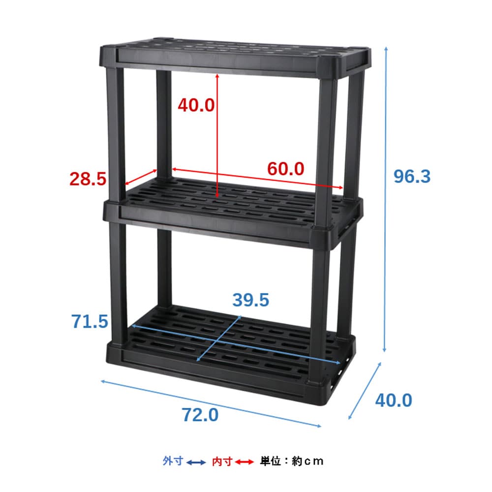プラスチックラック　３段　Ｗ７２０　ＫＰＲ－９４６１　ブラック 3段 W720