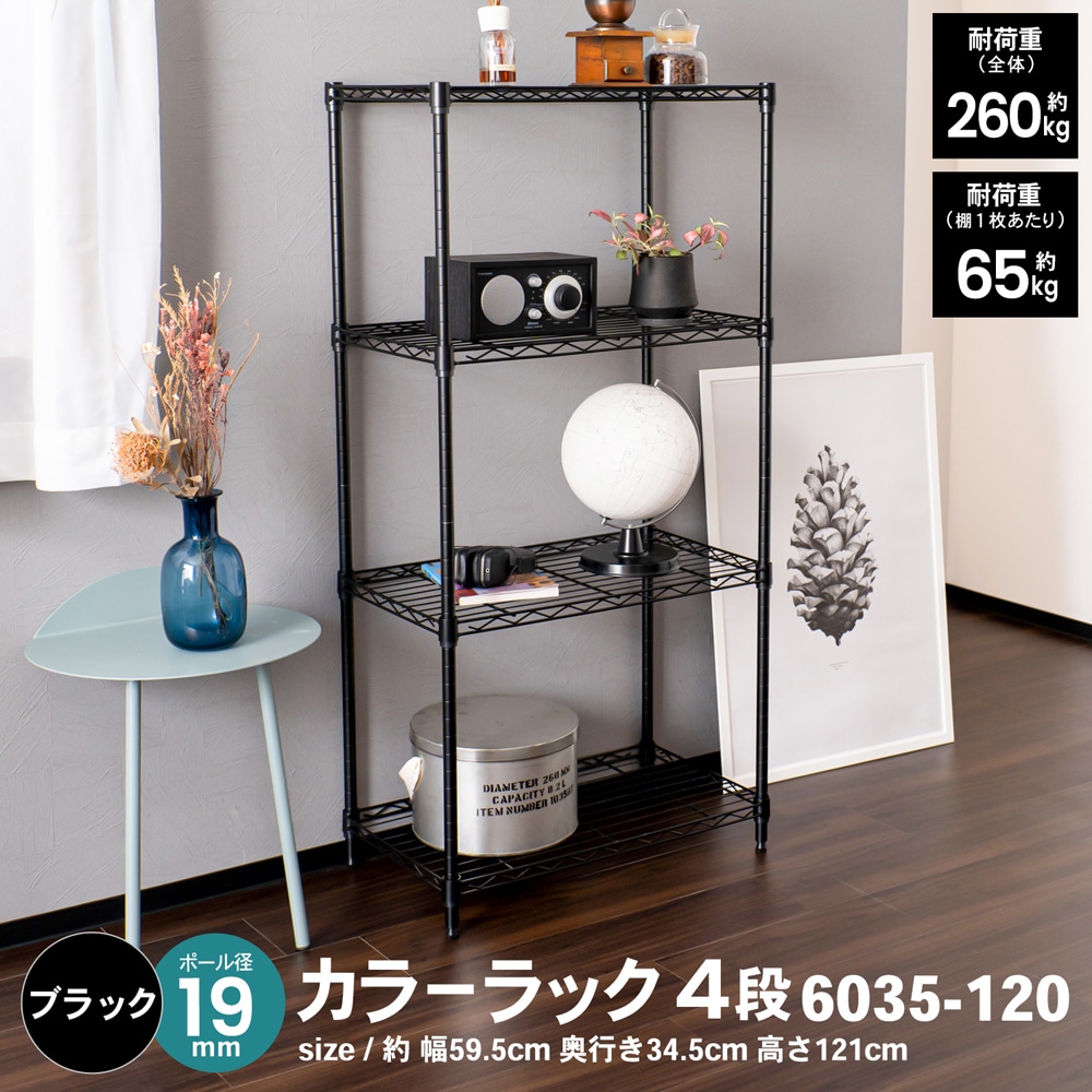 LIFELEX カラーラック４段ブラック　１９Φ　６０３５－１２０ ブラック