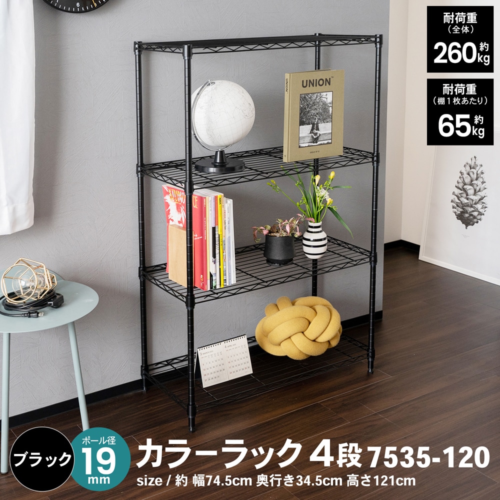 LIFELEX カラーラック４段ブラック　１９Φ　７５３５－１２０ ブラック