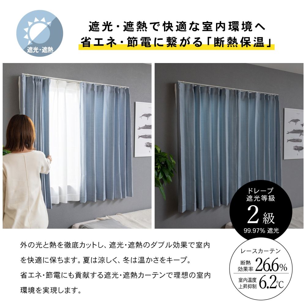 LIFELEX　遮光＋遮熱4枚組カーテン　約幅100×丈110cm　レース丈約108cm　シャビーブルー シャビーブルー 丈110cm