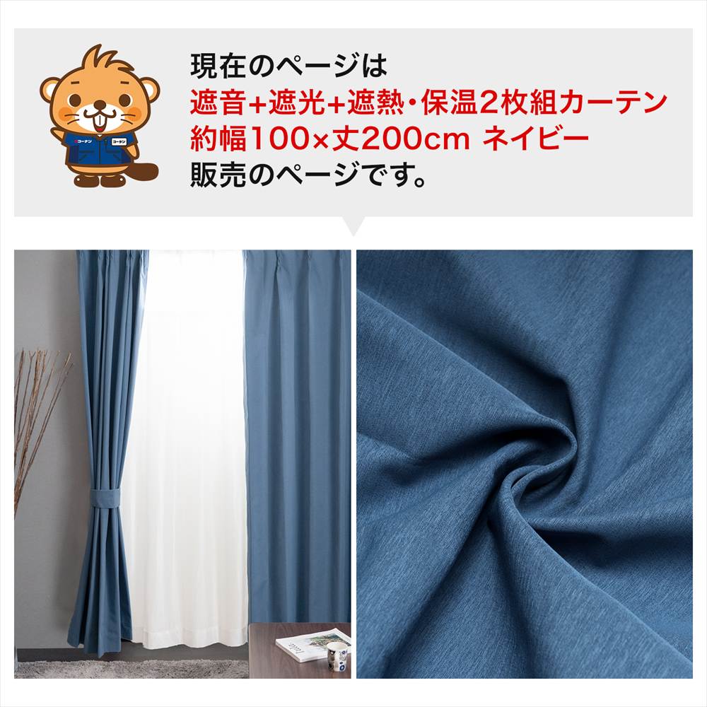 LIFELEX　遮音＋遮光＋遮熱・保温カーテン　ブレゾ　2枚組（タッセル付き）　100×200　ネイビー ネイビー 幅100×丈200cm