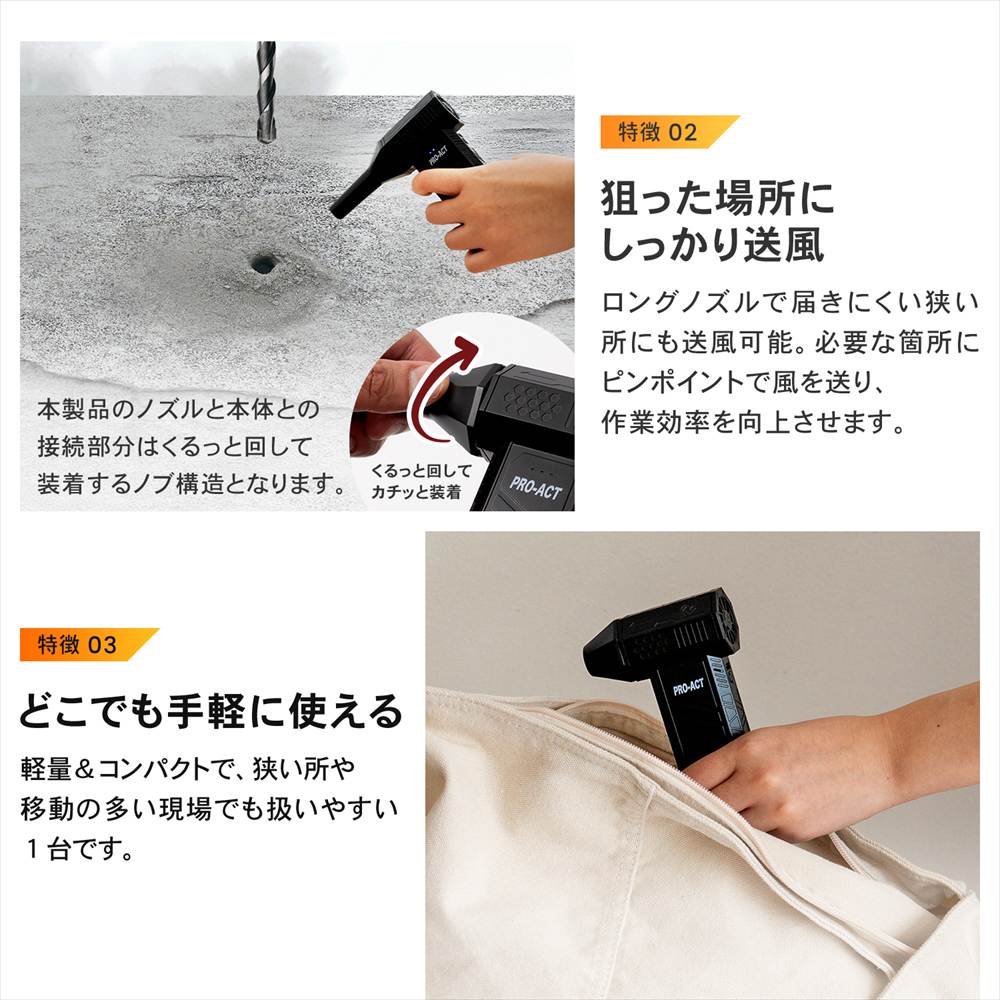 PROACT 電動エアダスター ハンディターボファン 軽量 Type-C充電式 ブラシレスモーター 風量3段階調節 ロングノズル付 小型ブロワー