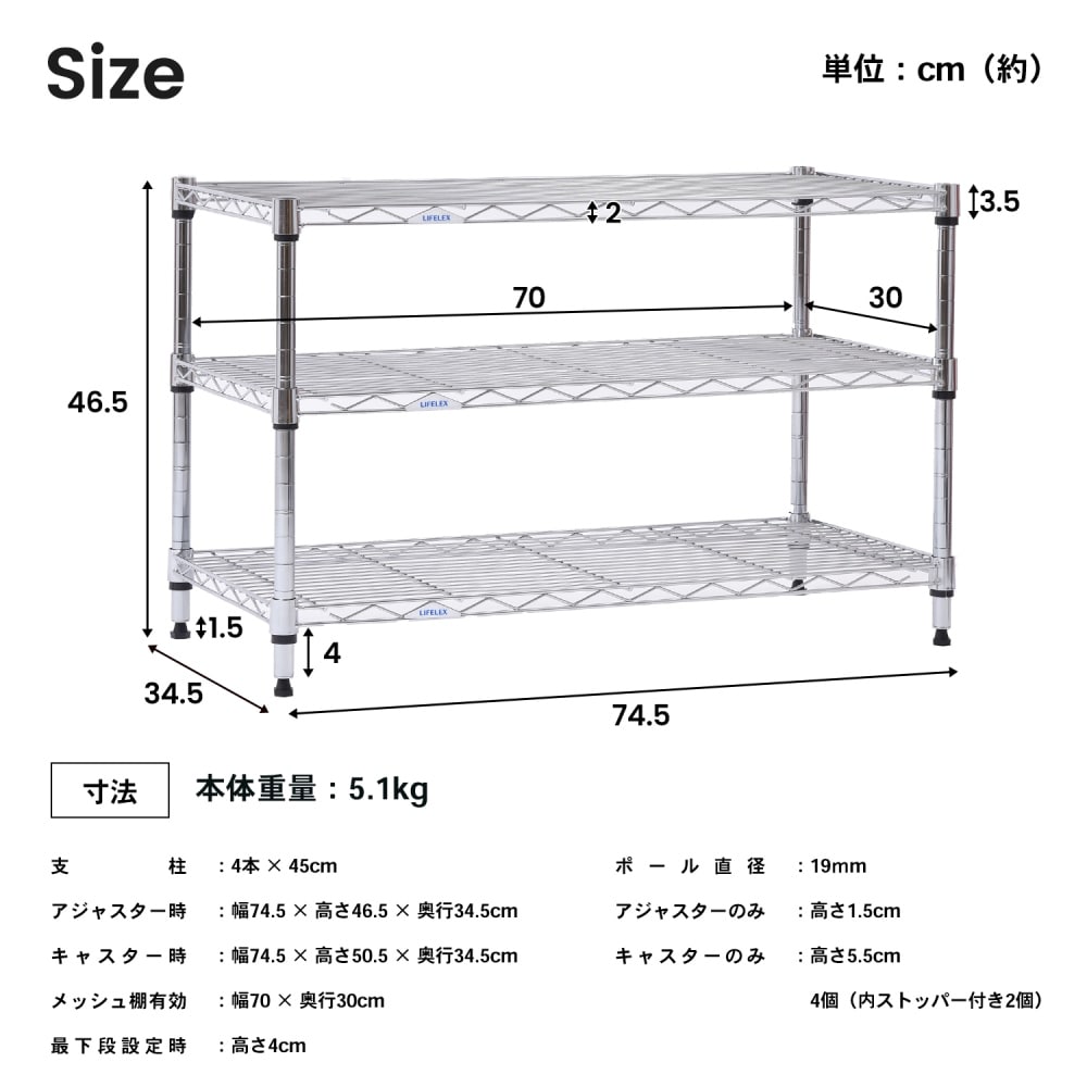 システムラックローα３段７５Ｗ　７５３５－５０　可動棚 幅75ｃｍロータイプ３段