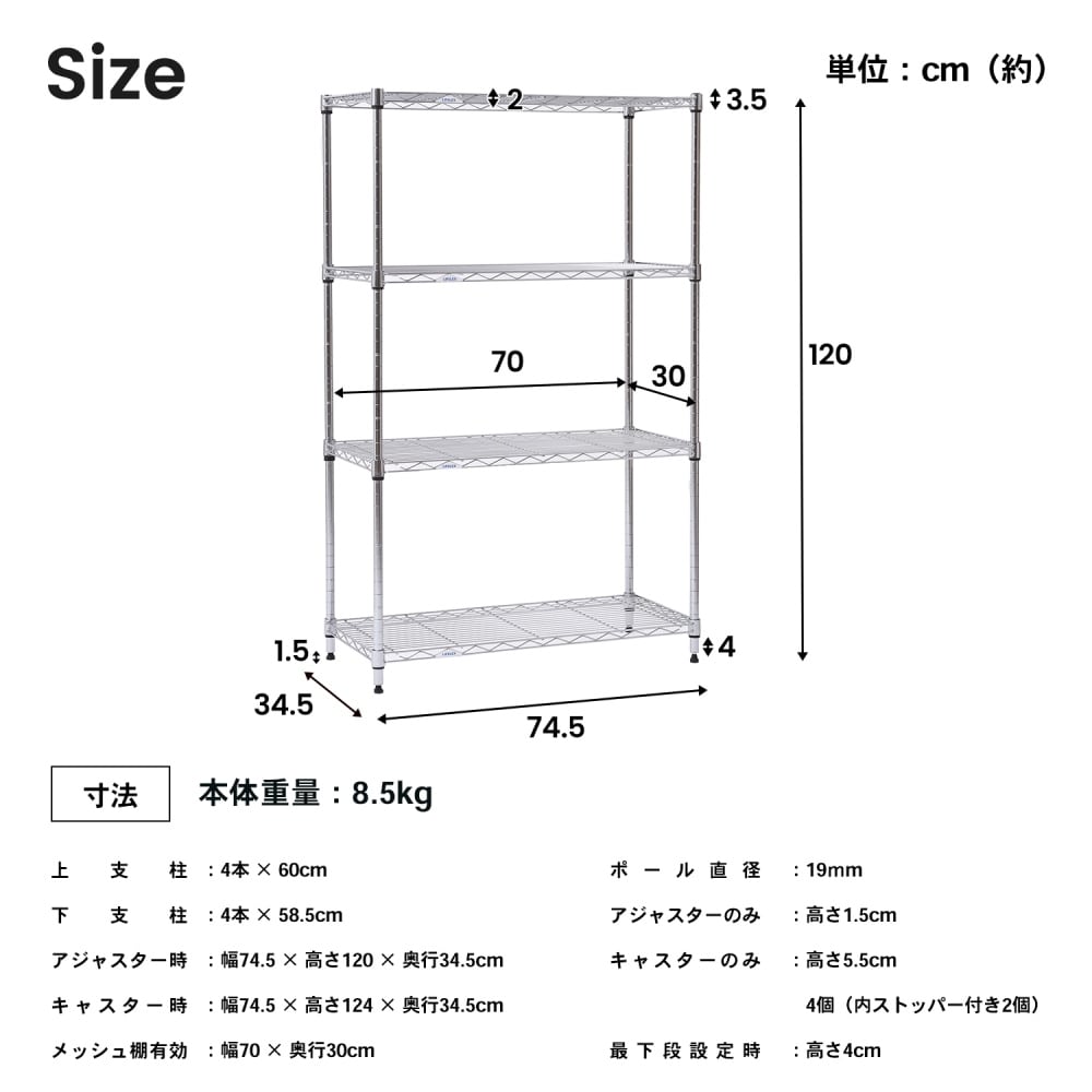 システムラックα４段７５Ｗ　７５３５－１２５　可動棚 幅75ｃｍ４段