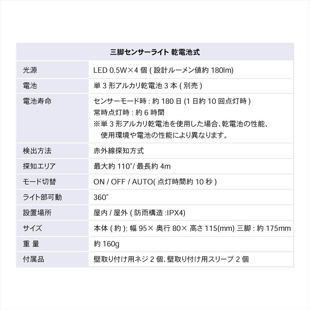 LIFELEX 　三本の脚で取り付けられる乾電池式センサーライト　ブラック　ＫＳＬ１０－０４０８