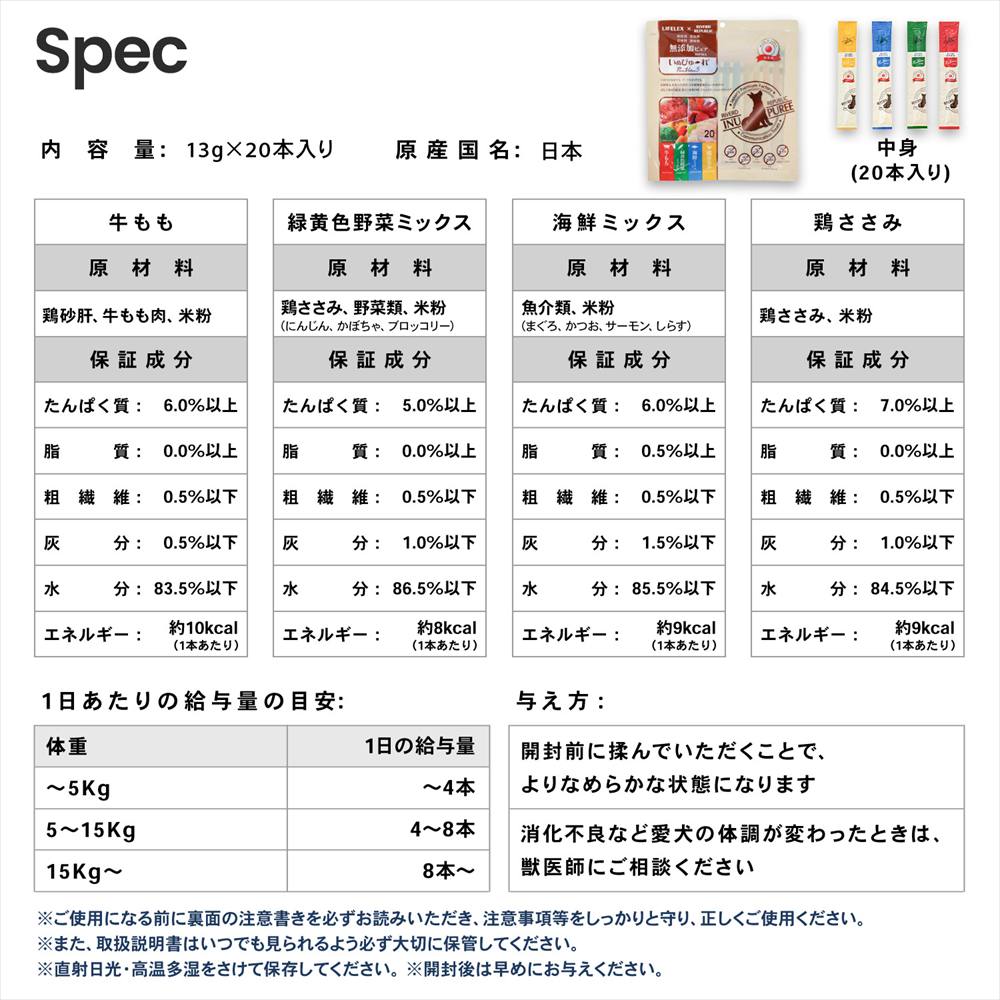 LIFELEX 犬のおやつ いぬぴゅーれ 無添加バラエティーパック 鶏ささみ・野菜ミックス・海鮮ミックス・牛もも  13ｇ×各味5パック＝20パック 日本製 バラエティーパック