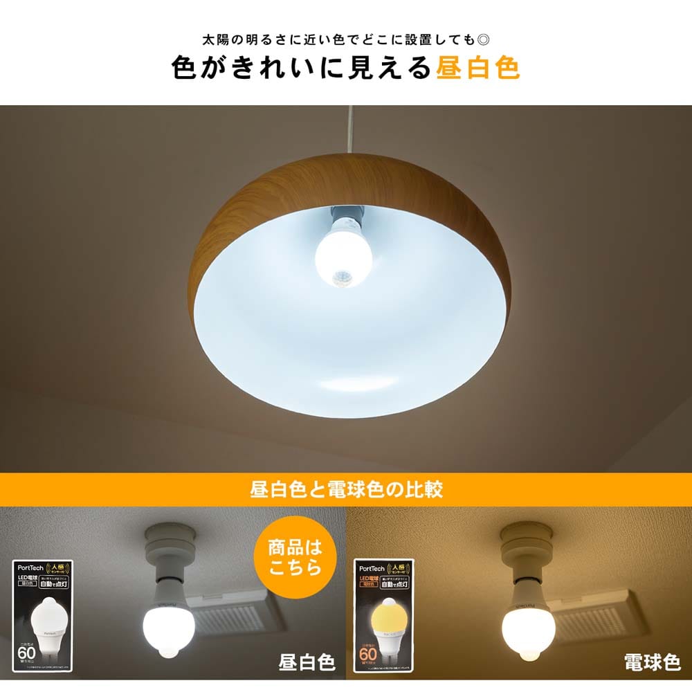 PortTech 人感センサーLEDライト60W相当 昼白色 PAS60N26(昼白色