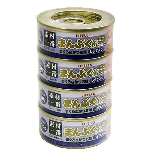 ◇ コーナン オリジナル まんぷくミニ缶ゴールド　まぐろかつお味しらす入り　ゼリータイプ ７０ｇ×４缶