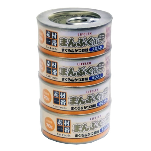 ◇ コーナン オリジナル まんぷくミニ缶ゴールド　まぐろかつお味えび入り　ゼリータイプ ７０ｇ×４缶