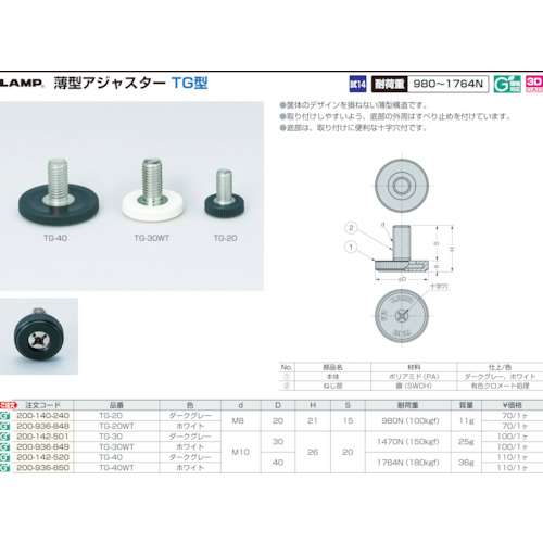 ■スガツネ工業　薄型アジャスターＴＧ型　ホワイト　Ｍ８×１５（２００‐９３６‐８４８）　TG20WT