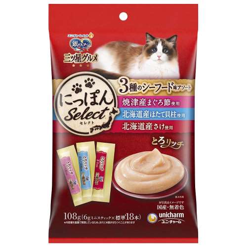 銀のスプーン　三ツ星グルメおやつ　３種のシーフード味アソートとろリッチ　まぐろ節＆ほたて貝柱＆さけ使用　１０８ｇ（６ｇ×１８本）