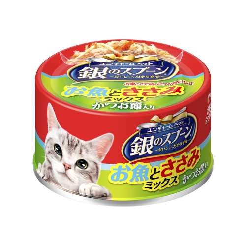 ユニ・チャーム　銀のスプーン缶お魚とささみミックスかつお節入り70g