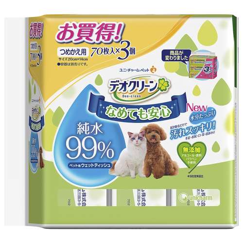 ユニ・チャーム　デオクリーン 純水99％ ウェットティッシュ つめかえ用 70枚×3個