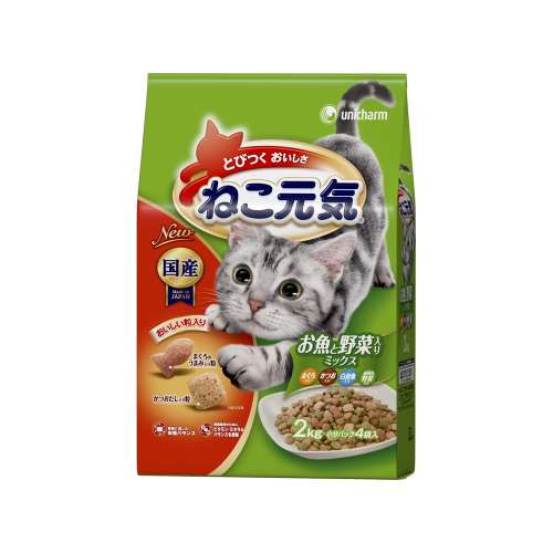 ユニ・チャーム　ねこ元気全成長段階用お魚と野菜入りミックス まぐろ・かつお・白身魚・緑黄色野菜入り2.0kg