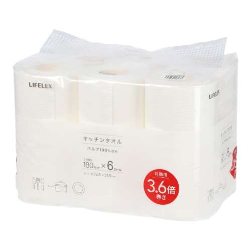 LIFELEX　キッチンタオル３．６倍巻き×６ロール　２２５２１５－１８０Ｓ－６Ｒ