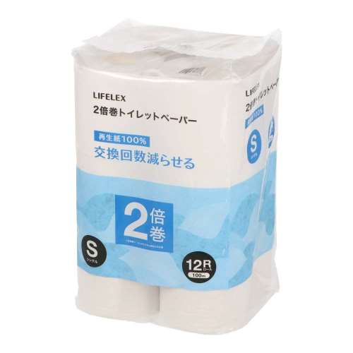 LIFELEX　トイレットペーパー１２Ｒ　再生紙２倍巻　シングル１００ｍ　ホワイト