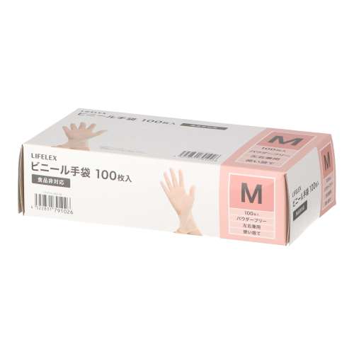 LIFELEX　家庭用ビニール手袋Ｍ　１００枚入り　半透明パウダー無し　食品非対応