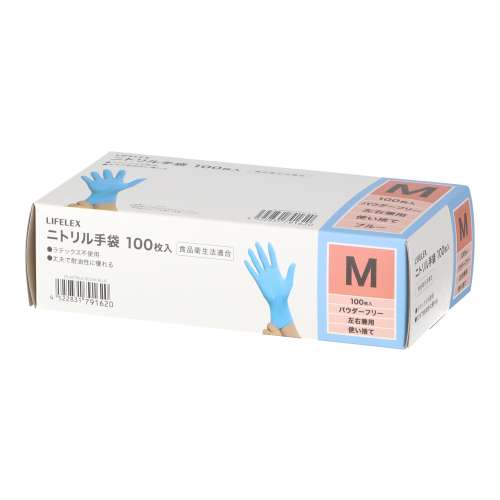 LIFELEX　ニトリル手袋Ｍ　１００枚入りＢＬ　ＢＬ　パウダー無し　食品対応